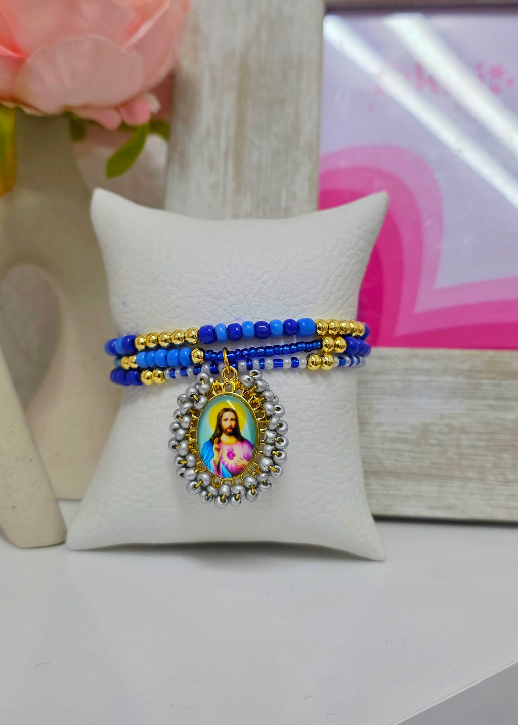 Set pulseras corazon de jesus azul