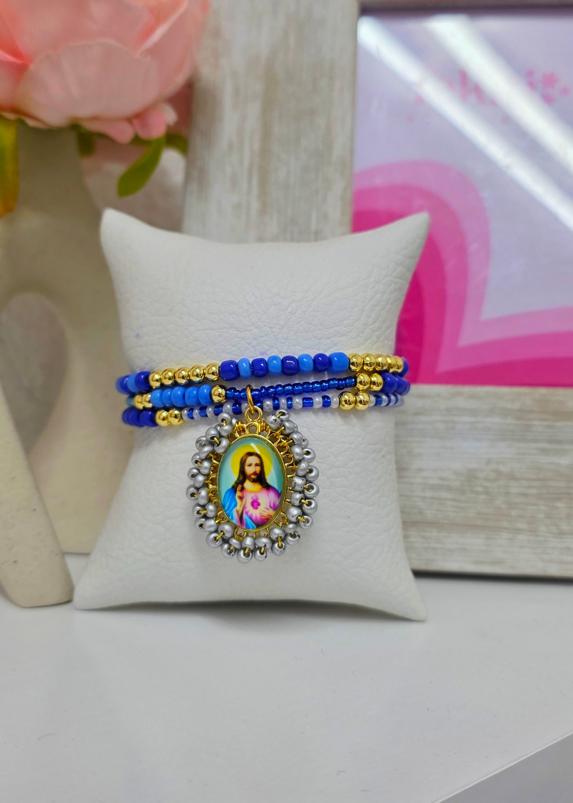 Set pulseras corazon de jesus azul