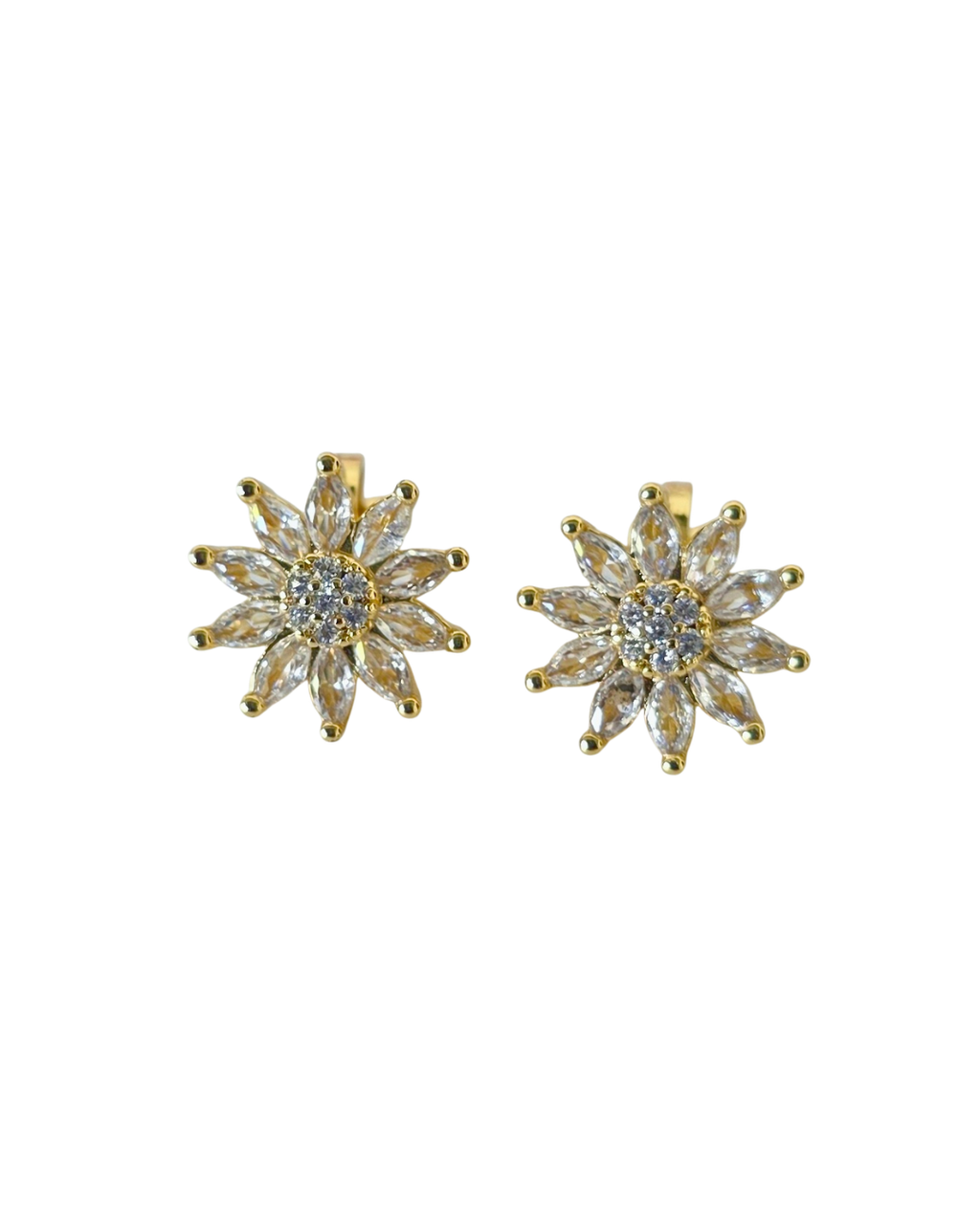 Aretes flor de cristal blanco con agarre a presión