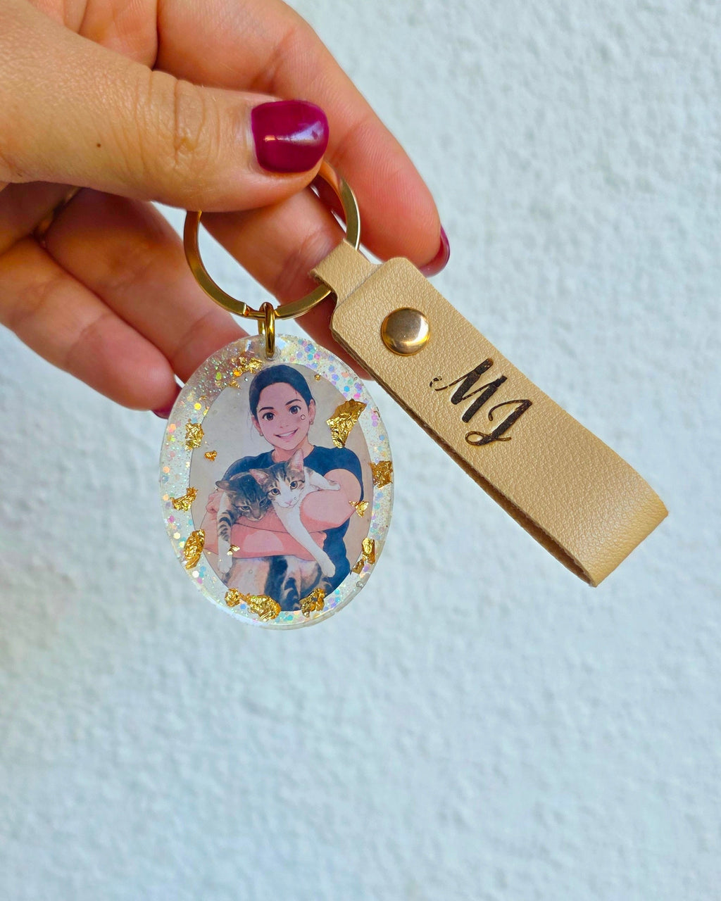 Llavero personalizable de resina con foto y texto en cuerina