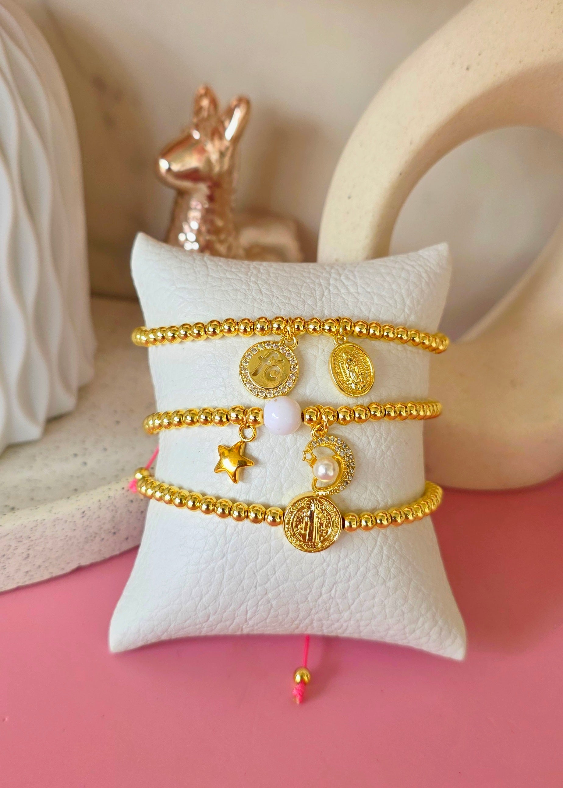 Pulsera ajustable de doble dije luna y estrella
