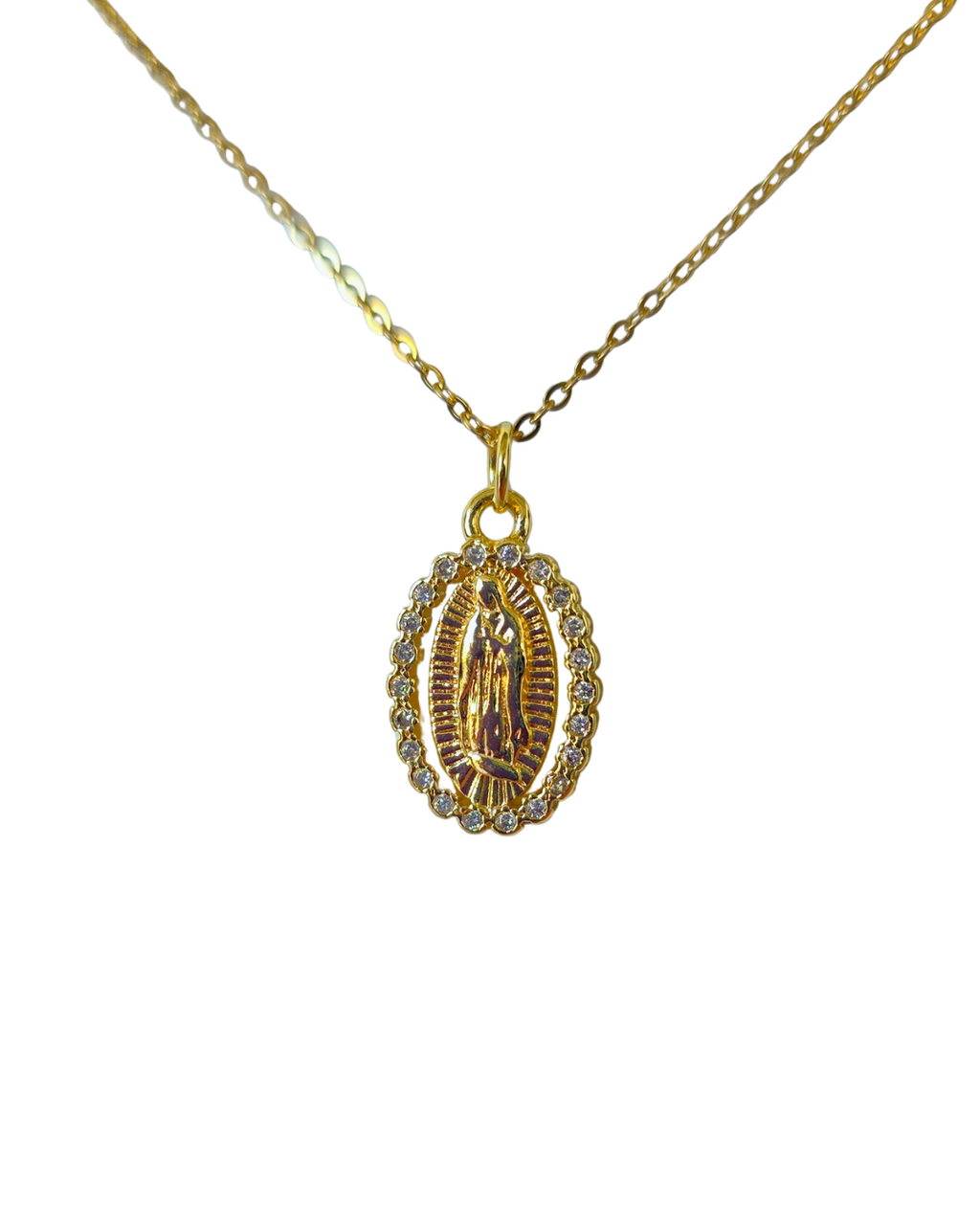 Collar virgen de Guadalupe ovalada con zirconias de marco pequeñas