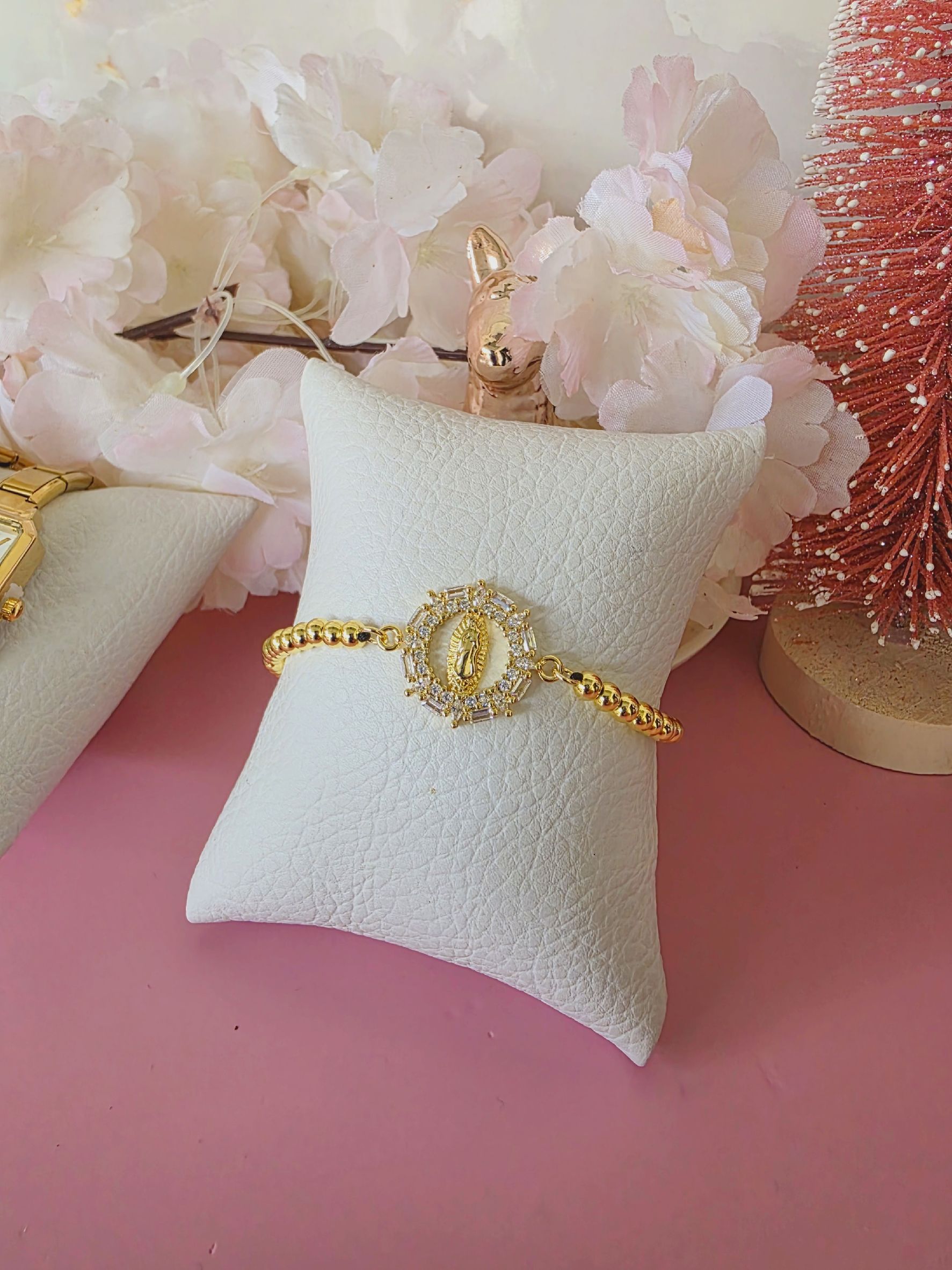 Pulsera de balines ajustable de virgen de Guadalupe circulo de cristal mosaico