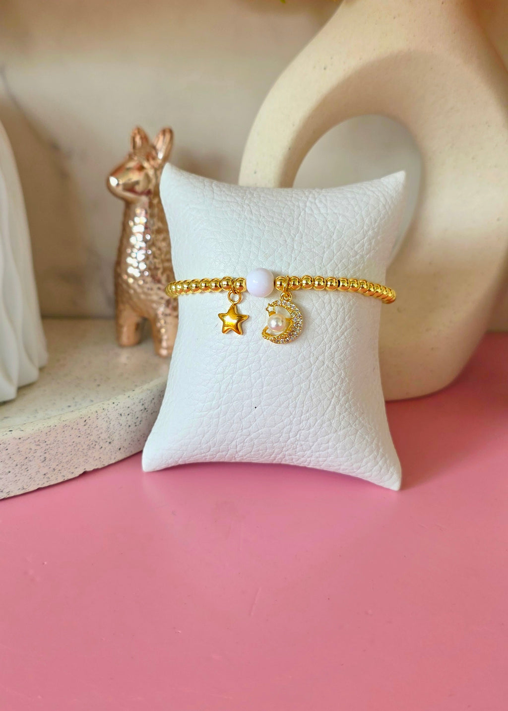 Pulsera ajustable de doble dije luna y estrella
