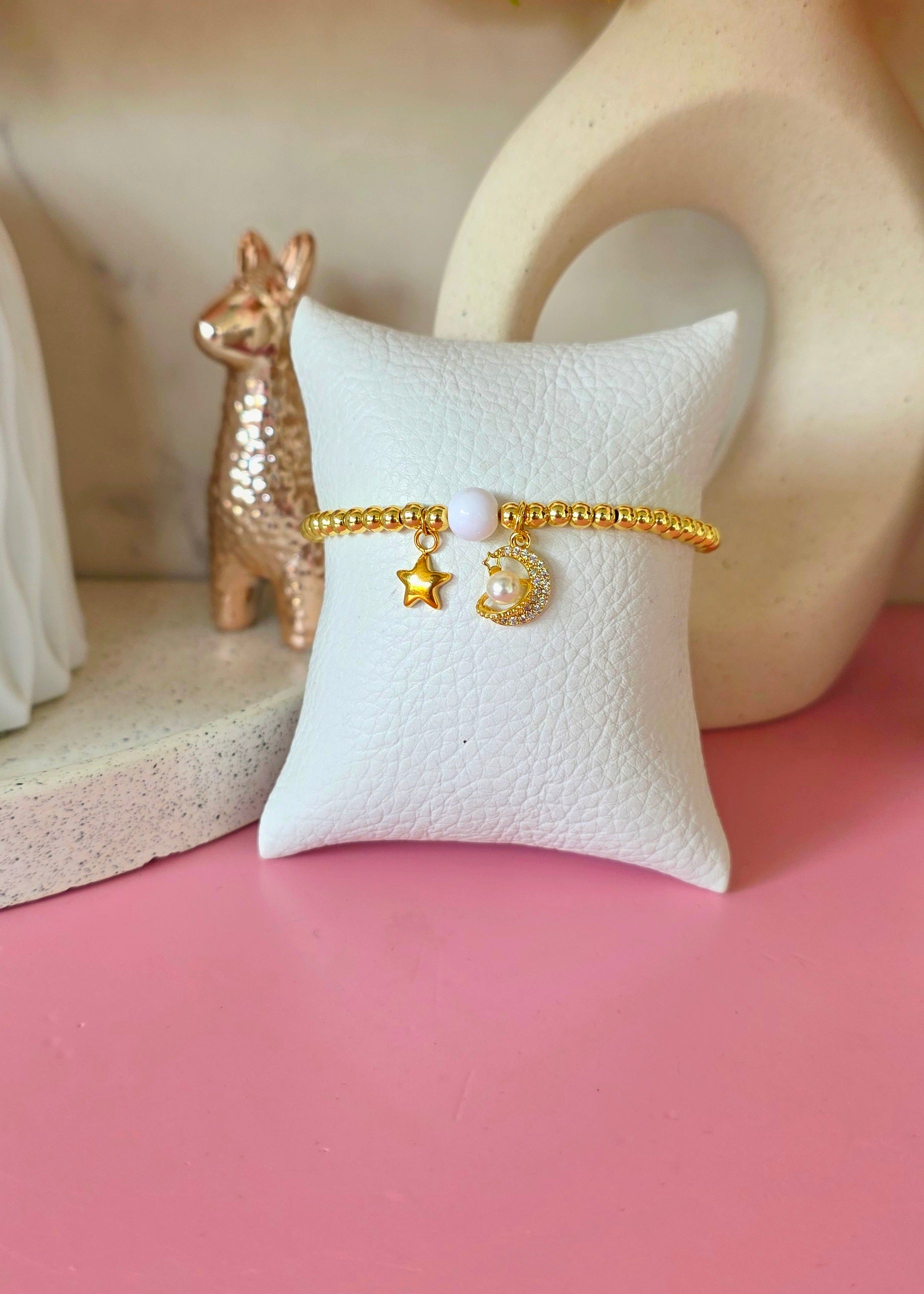 Pulsera ajustable de doble dije luna y estrella