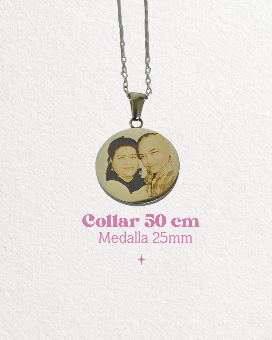 Collar foto plateado acero blanco en dije redondo