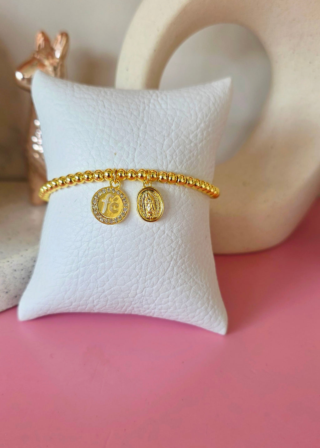 Pulsera ajustable doble dije fe y virgen Guadalupe
