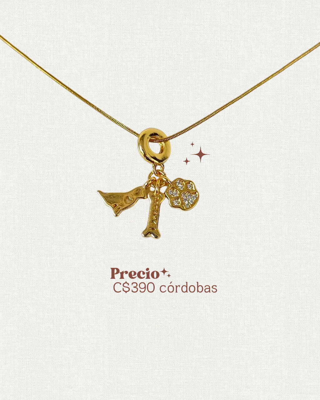 Collar tipo charm perrito, hueso y huella