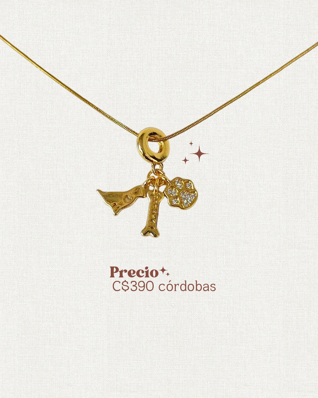 Collar tipo charm perrito, hueso y huella