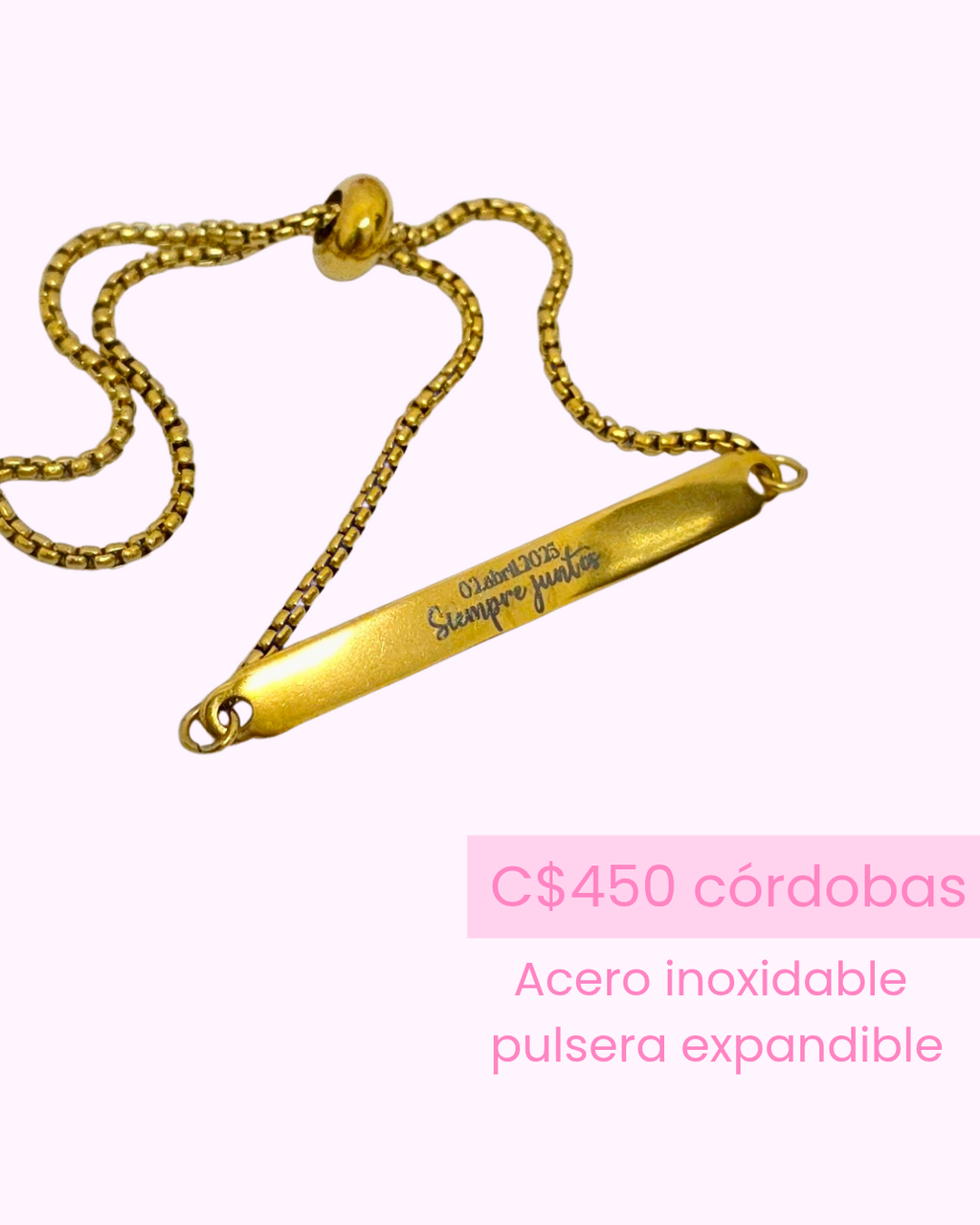 pulsera de acero dije largo, ajustable