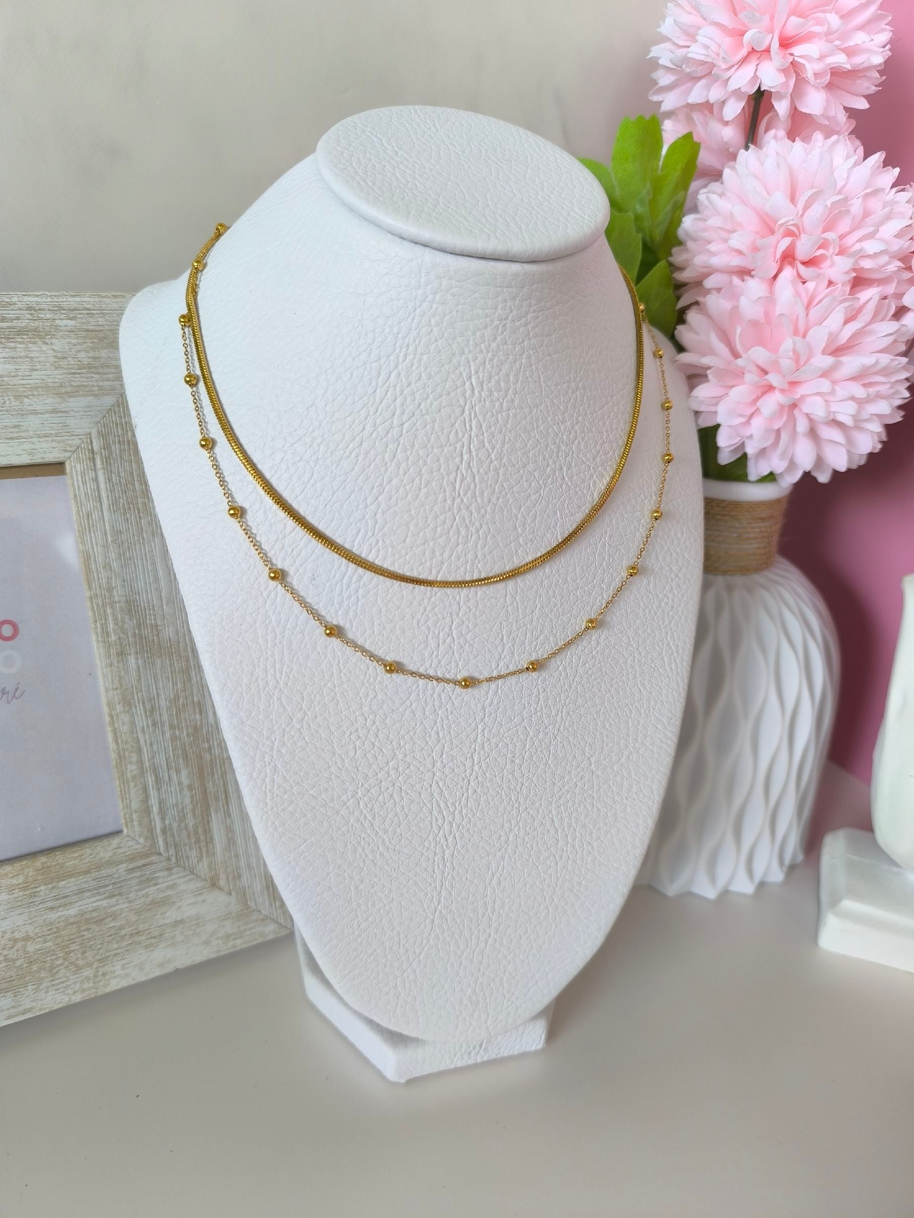 Set doble de cadena lisa serpiente y collar bolita